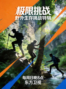 《极限挑战》真人秀海报：参与者在野外挑战极限