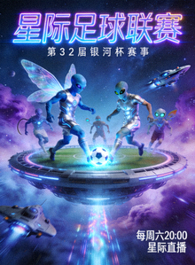 《星际足球联赛》体育节目海报：外星足球运动员在赛场